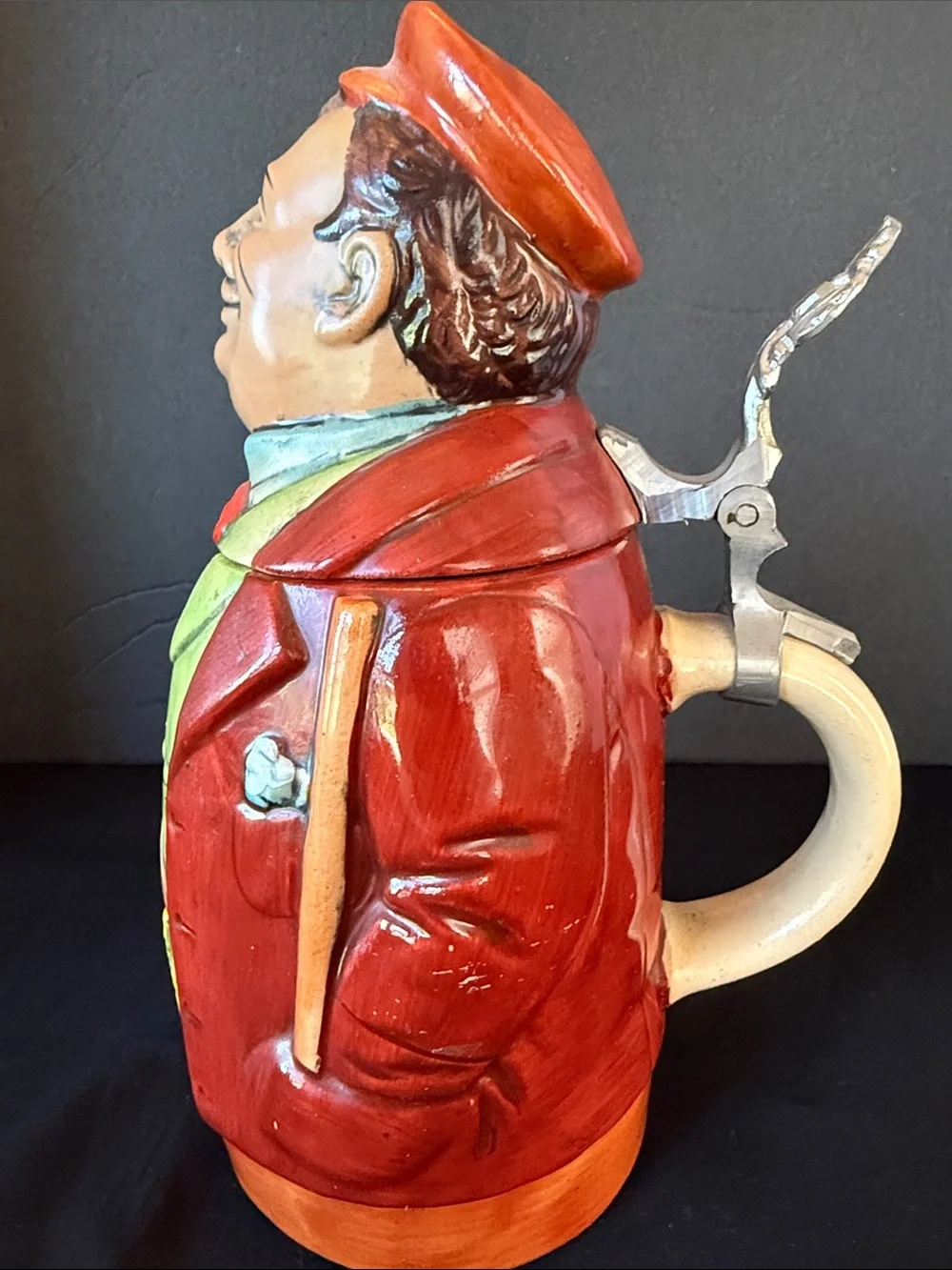West Germany Figural Character Beer Stein Train Conductor Man Smoking A Cigar.
